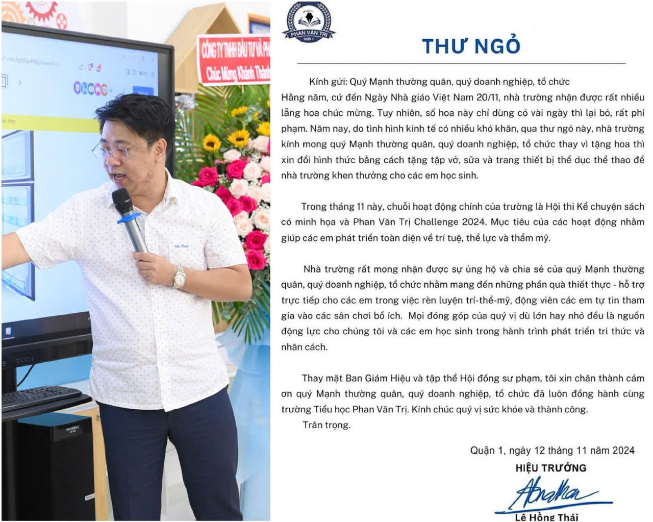 Thầy Hiệu trưởng viết thư ngỏ mong nhận 'bó hoa không héo' dịp 20/11