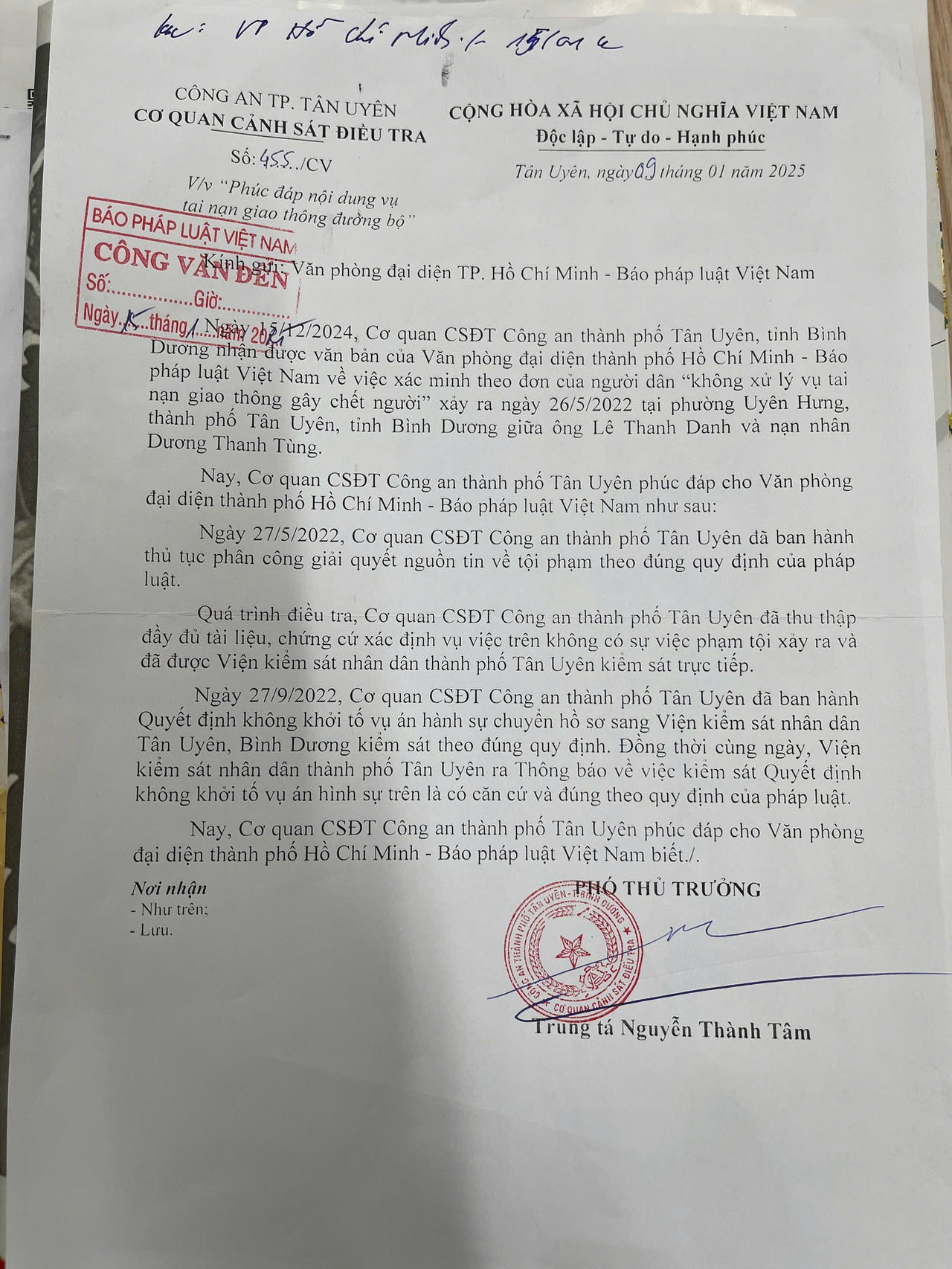 Nghi án tài xế 2 năm 2 lần gây tai nạn chết người tại Bình Dương: Công an TP Tân Uyên có văn bản trả lời