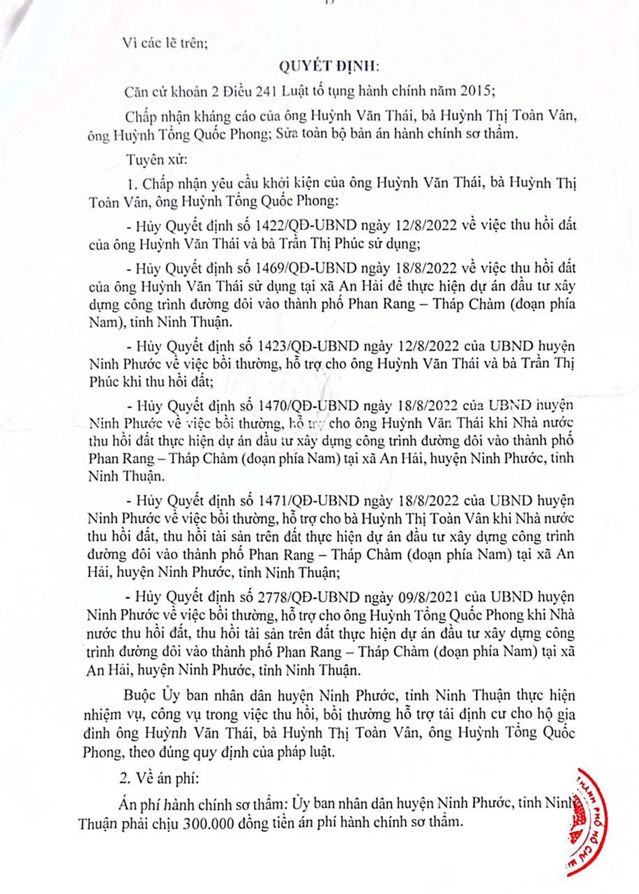 Vụ kiện thu hồi, bồi thường đất tại Ninh Thuận: Huyện Ninh Phước chưa thi hành án vì cho rằng “chờ giải thích bản án”