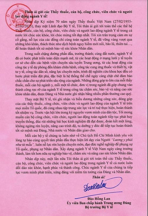 Bộ trưởng Bộ Y tế gửi thư cho thầy thuốc, người lao động dịp 27-2