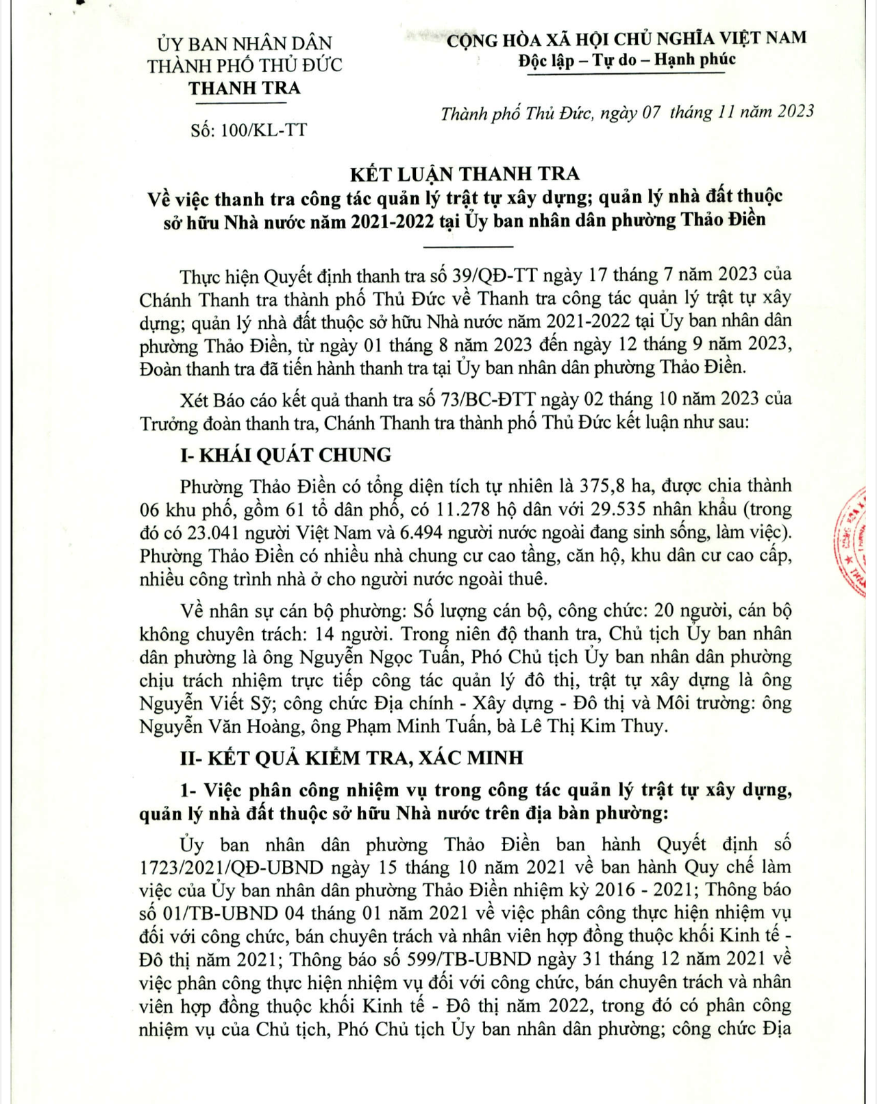 Diễn biến sự việc vi phạm trật tự xây dựng tại phường Thảo Điền (TP HCM): TP Thủ Đức cần đôn đốc, kiểm tra việc thực hiện Kết luận 100/KL-TT