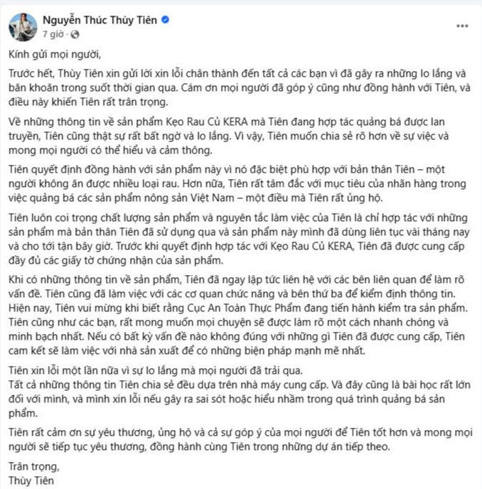 Bộ Y tế 'vào cuộc', Hoa hậu Thùy Tiên xin lỗi vụ quảng cáo sai kẹo rau củ Kera