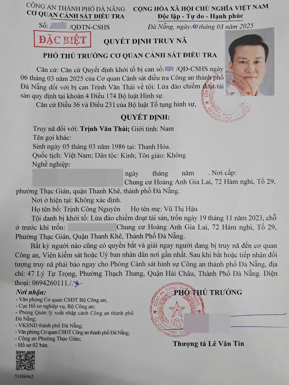 Truy nã đối tượng Trịnh Văn Thái trong đường dây lừa đảo do Mr Pips cầm đầu