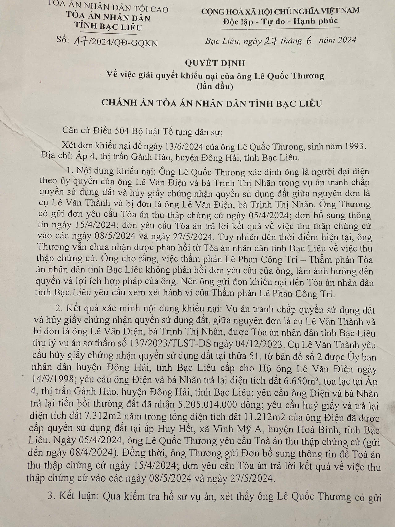 Một vụ kiện dân sự tại TAND tỉnh Bạc Liêu: Luật sư đánh giá tòa án cần phản hồi yêu cầu thu thập chứng cứ 