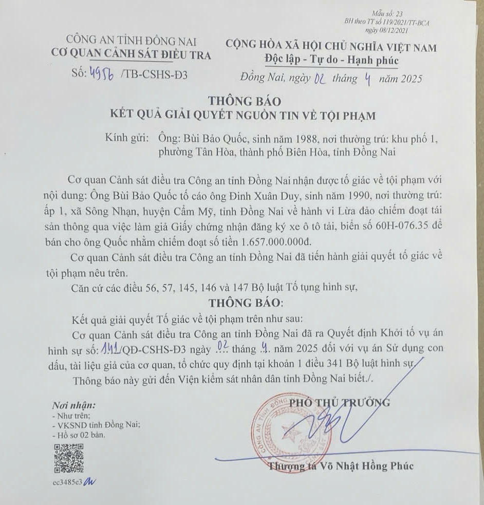 Diễn biến sự việc làm giả giấy tờ để bán xe tải: Công an Đồng Nai khởi tố vụ án 