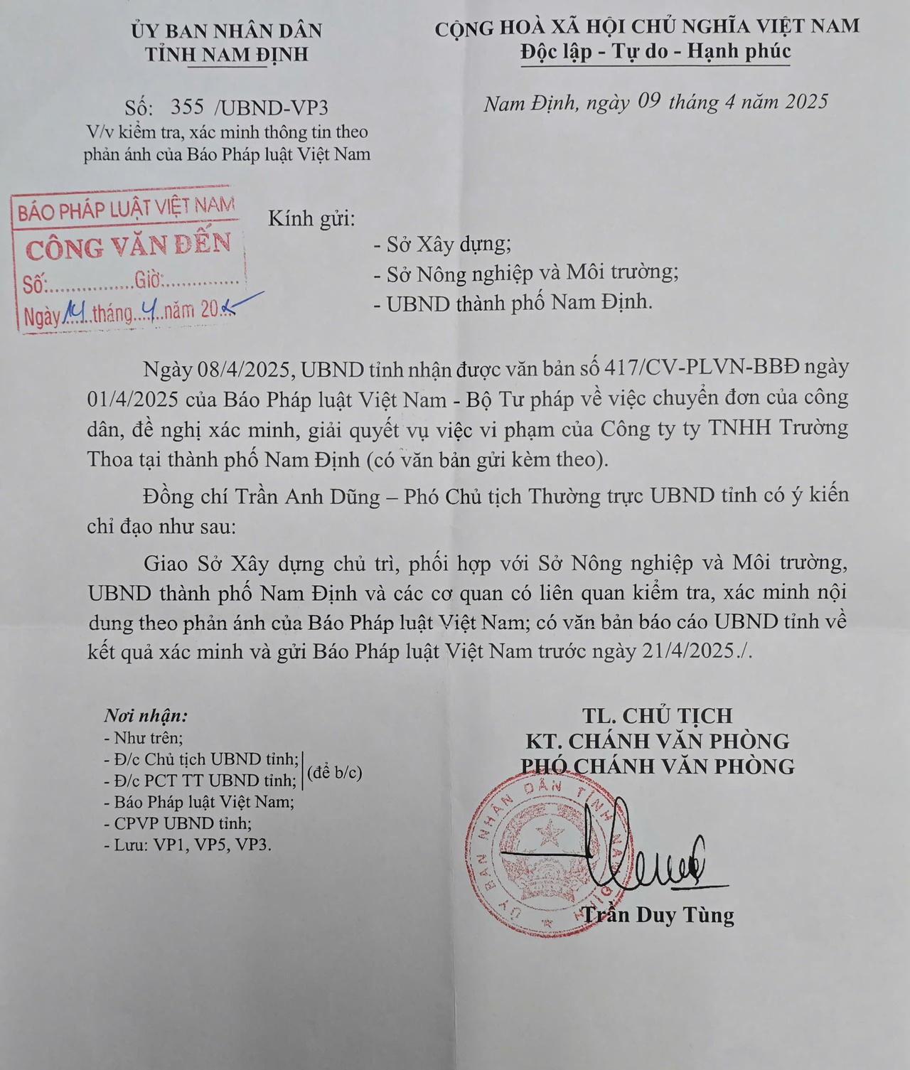 Diễn biến sự việc công trình sai phạm của Công ty Trường Thoa (Nam Định): Phó Chủ tịch UBND tỉnh yêu cầu kiểm tra báo cáo trước 21/4/2025