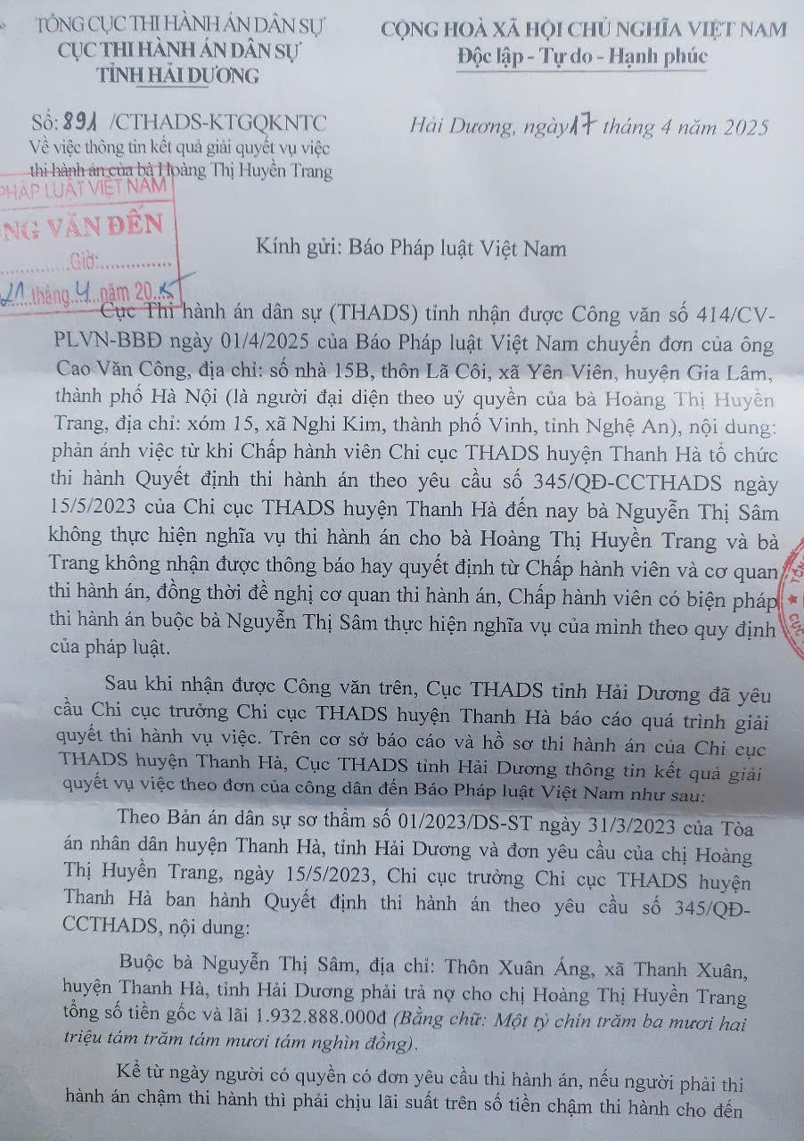 Một sự việc bị cho là 'chậm thi hành án': Cục Thi hành án dân sự tỉnh Hải Dương phản hồi