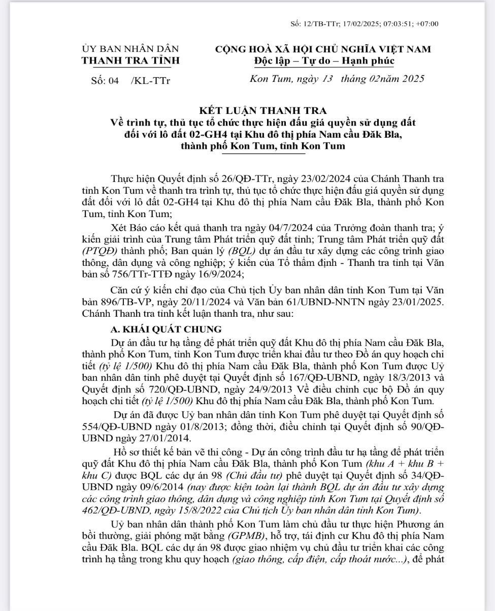 Thanh tra tỉnh Kon Tum kết luận về vi phạm trong một cuộc đấu giá quyền sử dụng đất 