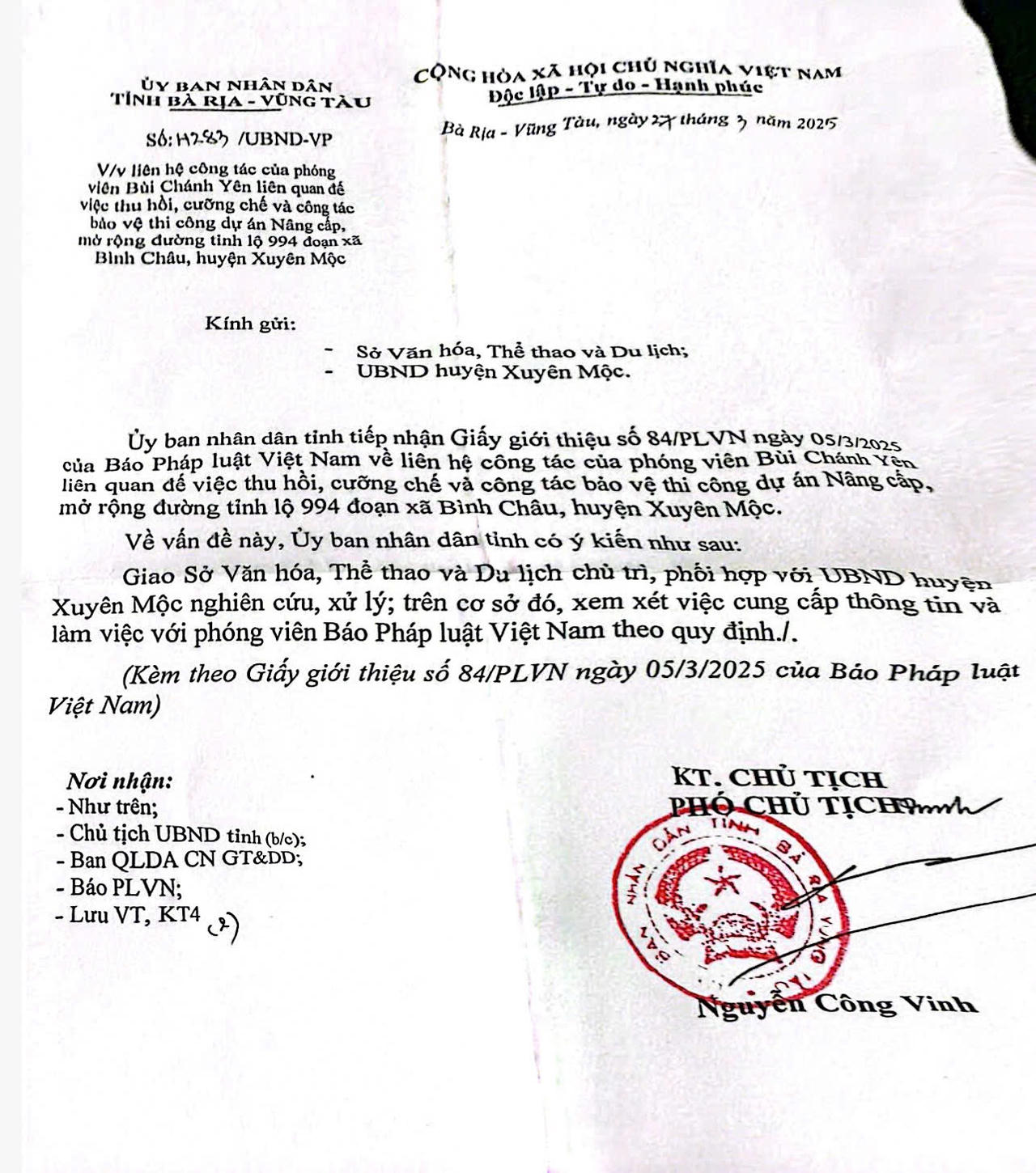 Sự việc bồi thường thực hiện dự án Tỉnh lộ 994 tại Bà Rịa - Vũng Tàu: UBND tỉnh giao Sở VH,TT&DL và huyện Xuyên Mộc nghiên cứu, xử lý