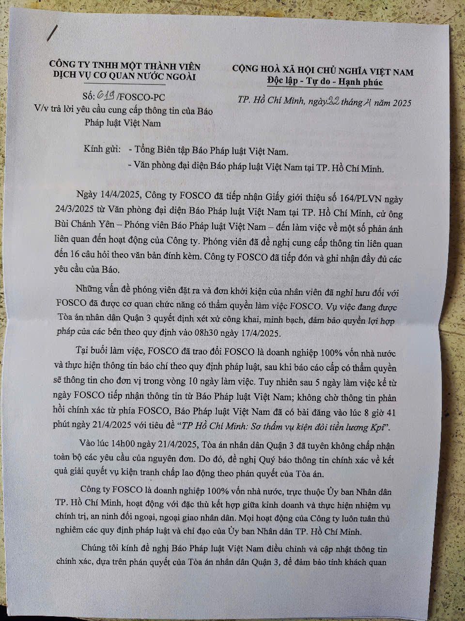 Diễn biến vụ kiện đòi tiền lương Kpi: Công ty Fosco có văn bản phản hồi 