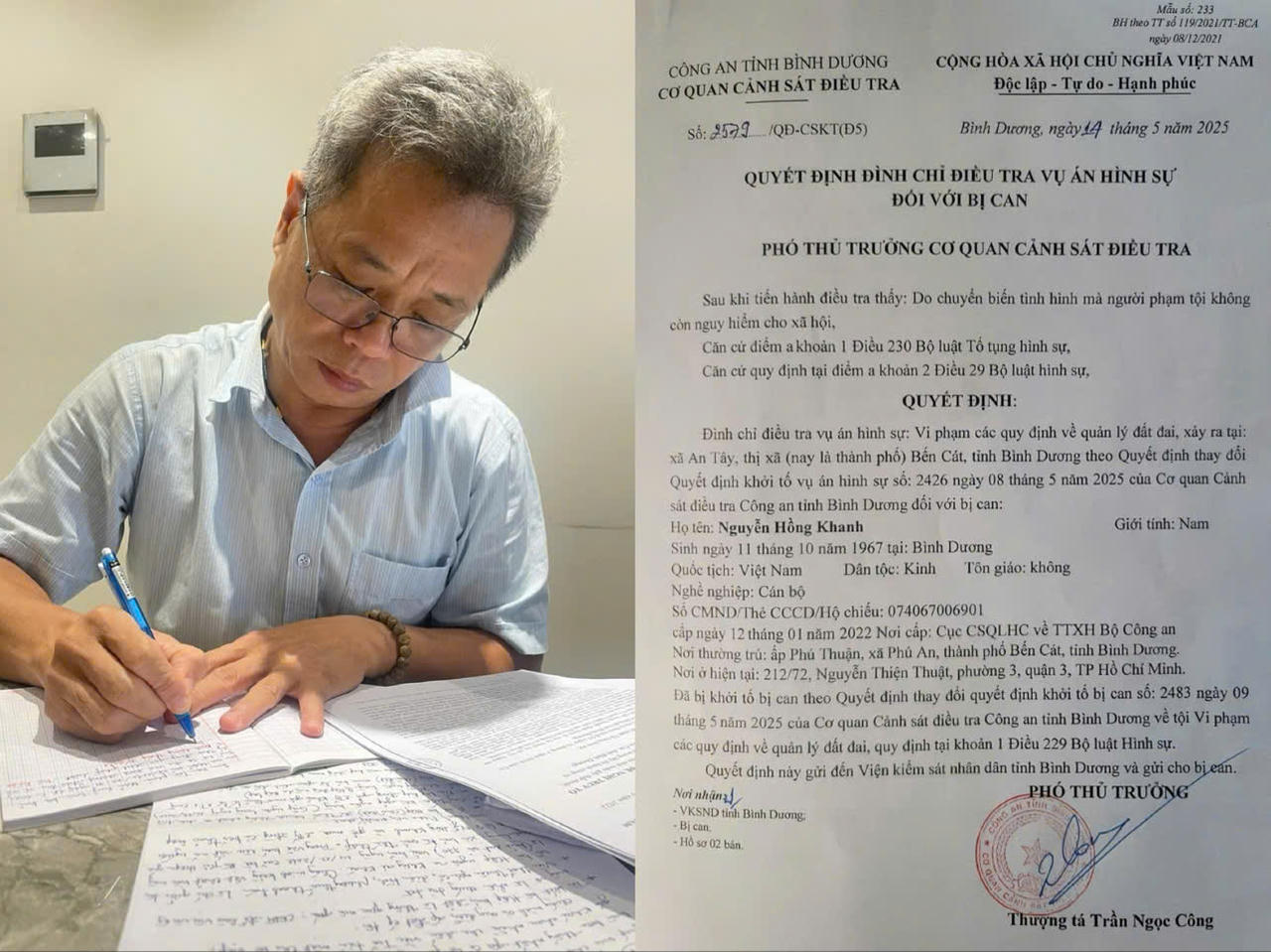 Đình chỉ điều tra với cựu Bí thư Bến Cát Nguyễn Hồng Khanh