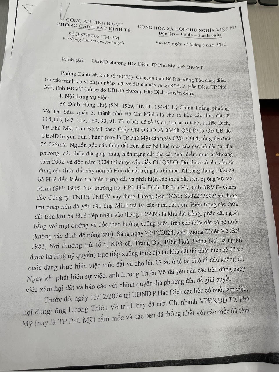 Sự việc vi phạm trong sử dụng đất tại suối Nhum (Bà Rịa - Vũng Tàu): Công an xác định có hành vi hủy hoại đất