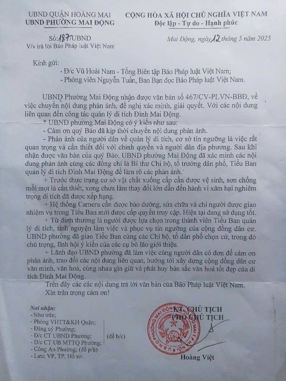 UBND phường Mai Động (quận Hoàng Mai, Hà Nội): Phản hồi về công tác quản lý di tích đình Mai Động