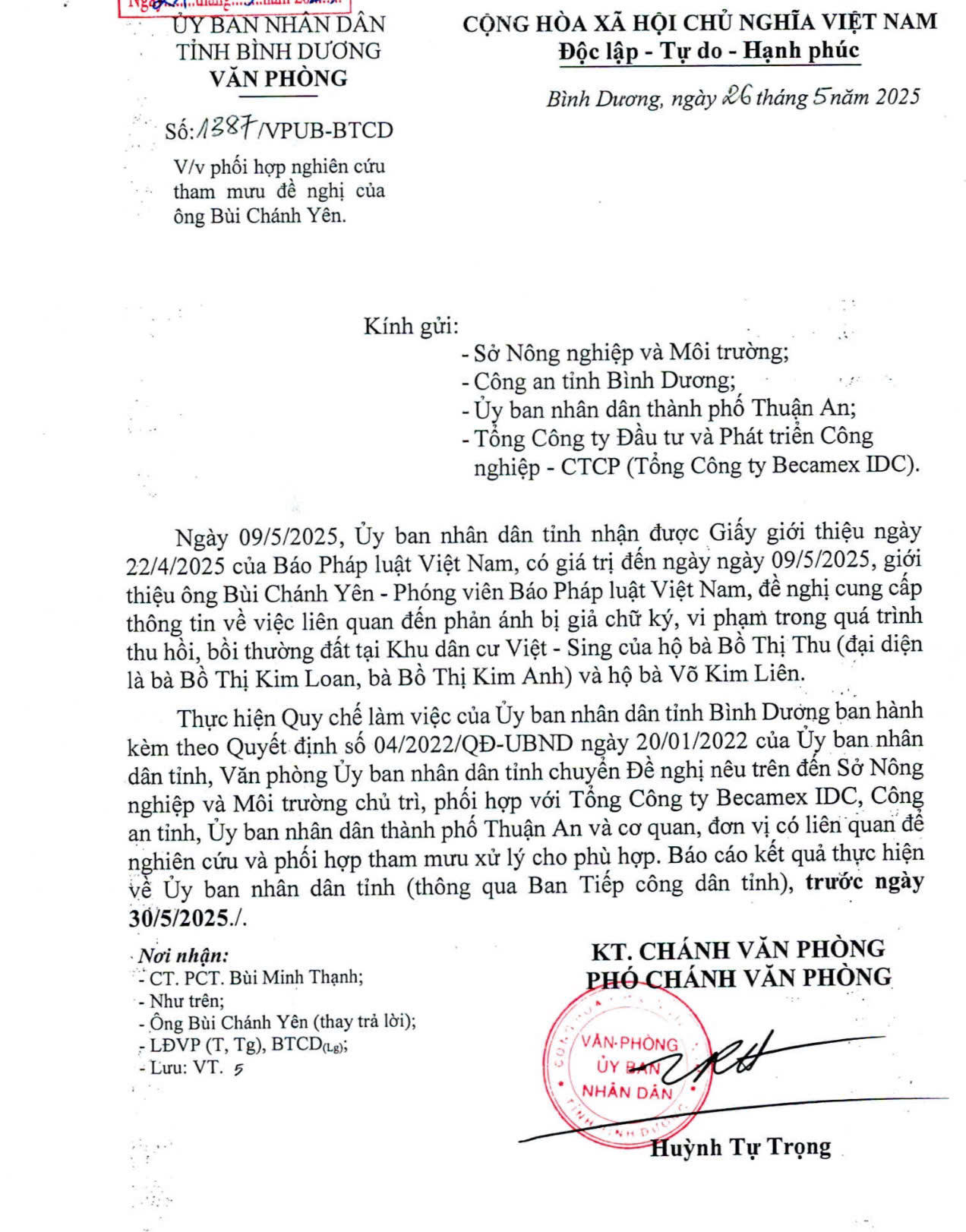 Vụ Cty Becamex ủy quyền cho nhân viên đi mua đất: UBND Bình Dương yêu cầu các sở, ngành phối hợp tham mưu xử lý