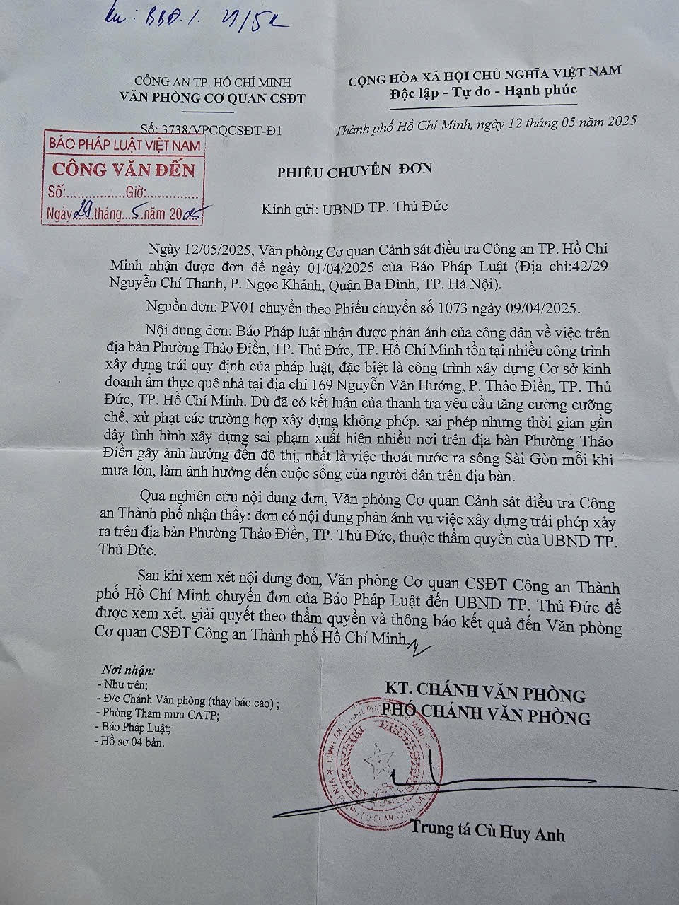 Sự việc vi phạm trật tự xây dựng tại phường Thảo Điền: Công an TP HCM đề nghị UBND TP Thủ Đức thông báo kết quả