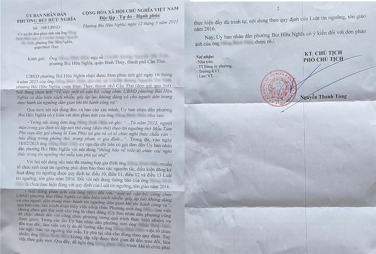 Thắc mắc của bạn đọc về quy định liên quan sinh hoạt tín ngưỡng tại gia: UBND phường Bùi Hữu Nghĩa (TP Cần Thơ) trả lời