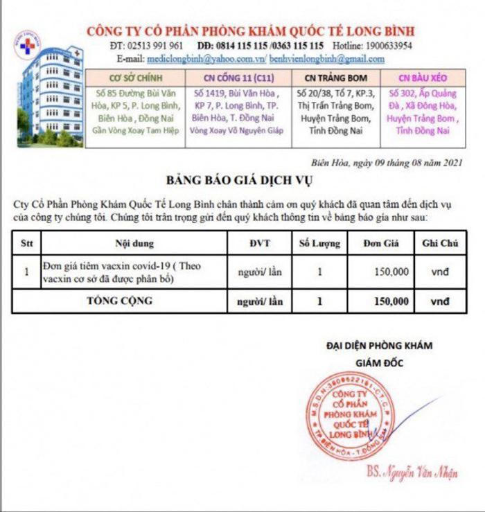 Một phòng khám tư tại Đồng Nai quảng cáo, đăng bảng giá tiêm vaccine COVID-19