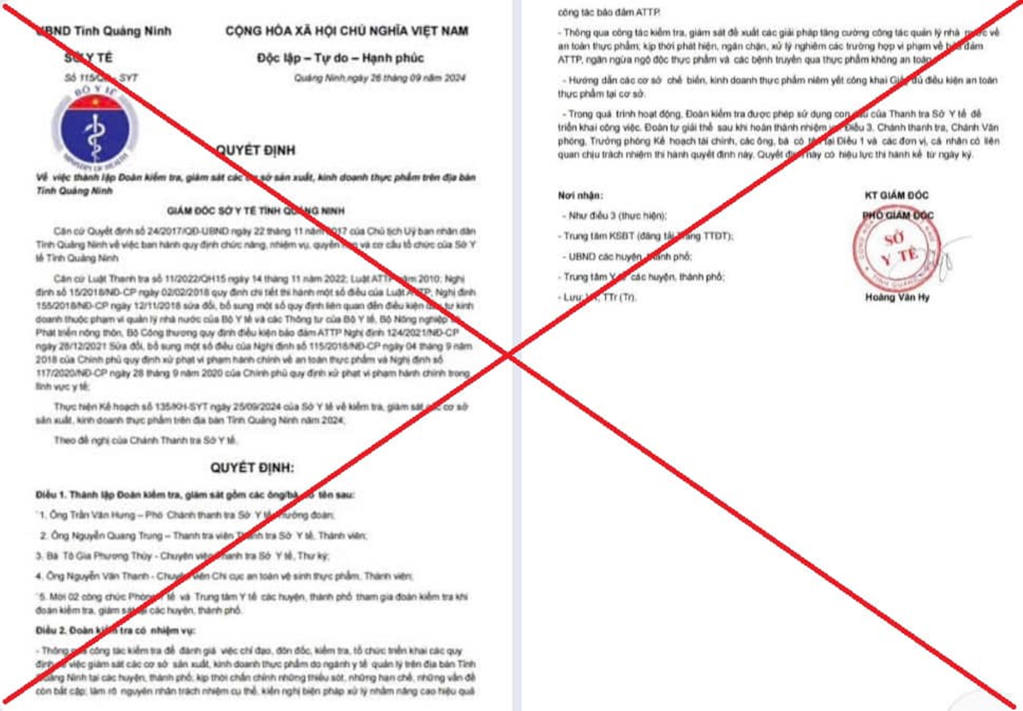 Cảnh báo về văn bản mạo Sở Y tế lập đoàn kiểm tra an toàn thực phẩm ở Quảng Ninh
