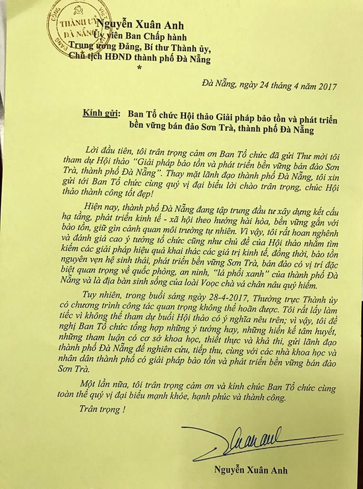 Bí thư Nguyễn Xuân Anh mong muốn có nhiều ý kiến tâm huyết để bảo vệ Sơn Trà