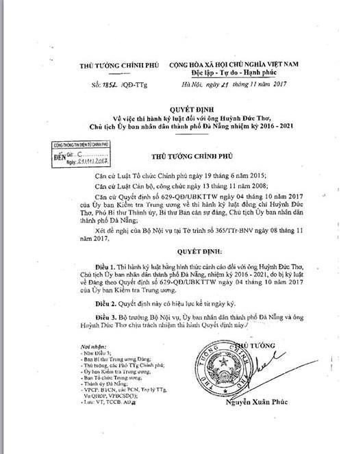 Thủ tướng ký quyết định thi hành kỷ luật đối với ông Huỳnh Đức Thơ