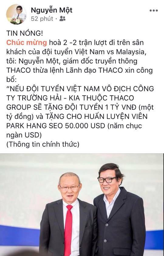 Nếu Đội tuyển Việt Nam vô địch AFF Cup 2018, Thaco Group sẽ tặng 1 tỷ đồng