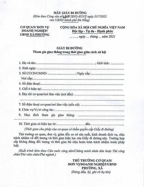 Đà Nẵng ban hành mẫu "giấy đi đường" áp dụng cho tất cả người dân