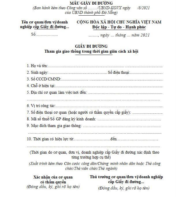Đà Nẵng thay đổi mẫu giấy đi đường từ 12h ngày 6/8