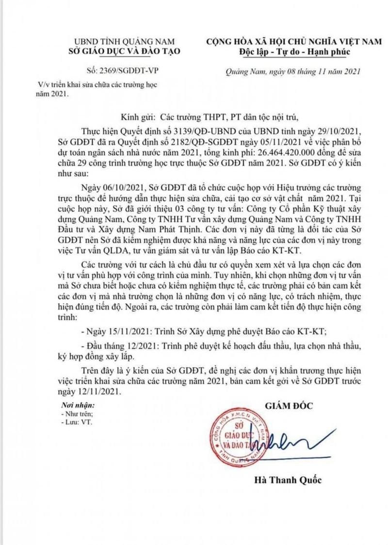 Quảng Nam sẽ xử lý vụ Giám đốc Sở GD-ĐT ký công văn “giới thiệu” 3 công ty sửa trường 