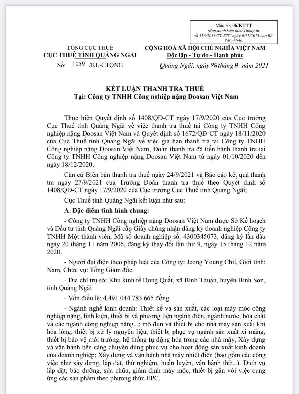 Quảng Ngãi: Công ty Doosan Việt Nam bị xử phạt hơn 1,2 tỷ đồng nợ tiền thuế 