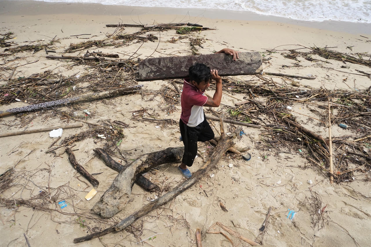 Sau mưa lớn, người Đà Nẵng đổ ra biển nhặt gỗ bán kiếm tiền triệu