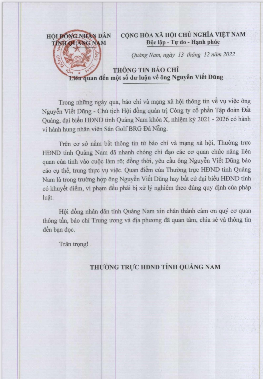 Thường trực HĐND tỉnh Quảng Nam yêu cầu CQCN vào cuộc vụ đánh người tại sân golf 