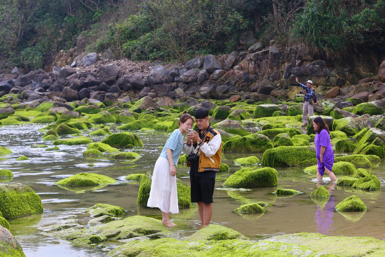 Nghềnh đá Nam ô xanh mướt như ngọc: Người dân và du khách đổ xô đến check in