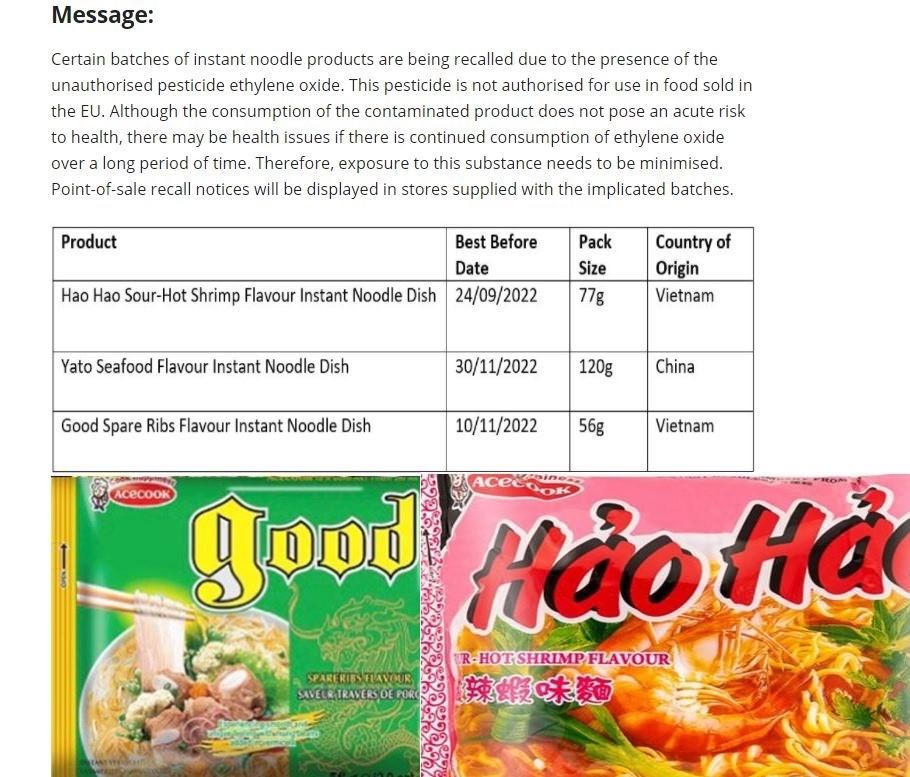 Ireland thu hồi lô mì tôm Hảo Hảo chứa thành phần thuốc trừ sâu, có khả năng gây ung thư