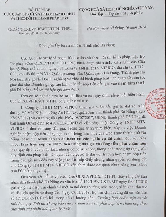 Bộ Tư pháp vào cuộc, kiến nghị TP Đà Nẵng xử lý việc chậm giao đất cho doanh nghiệp trúng đấu giá
