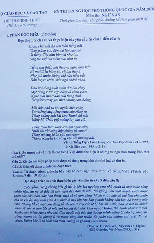 Bộ Giáo dục và Đào tạo nói gì về Đề thi ngữ văn 2016?