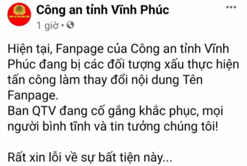 Tin tặc tấn công Fanpage của Công an Vĩnh Phúc