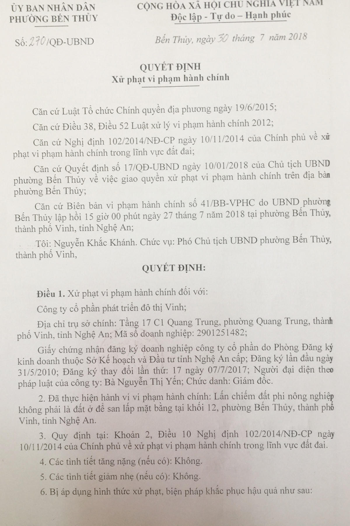Yêu cầu Công ty cổ phần phát triển đô thị Vinh (Tecco) trả lại đất lấn chiếm.