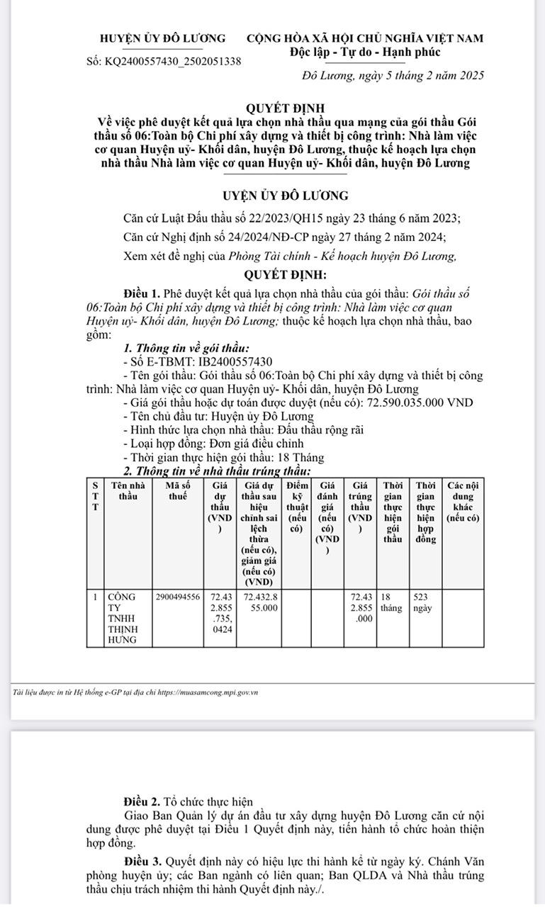 Tạm dừng dự án trụ sở Huyện ủy Đô Lương