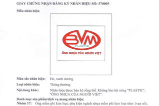 Công ty nhựa Bình Minh Việt được cấp Giấy chứng nhận đăng ký nhãn hiệu