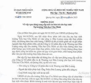 Hà Nội: Tạm dừng việc cung cấp suất ăn của Công ty Đào Lượng cho trường Tiểu học Chu Minh