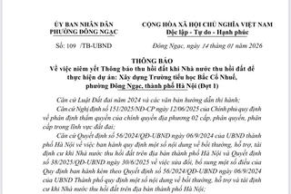 Hà Nội: UBND phường Đông Ngạc thông báo về việc niêm yết Thông báo thu hồi đất để thực hiện dự án Xây dựng Trường tiểu học Bắc Cổ Nhuế