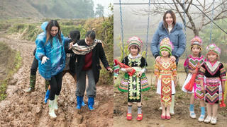 Hoa hậu Thùy Tiên đội mưa, lội bùn đất lên Cao Bằng tặng sân chơi cho các em nhỏ