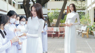 Trở lại trường cũ, Hoa hậu Thùy Tiên “gây thương nhớ” với áo dài trắng