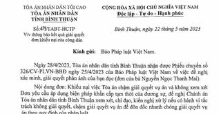Công dân phản ánh “bị chậm giải quyết một vụ án dân sự”: Trả lời chính thức của TAND Bình Thuận 