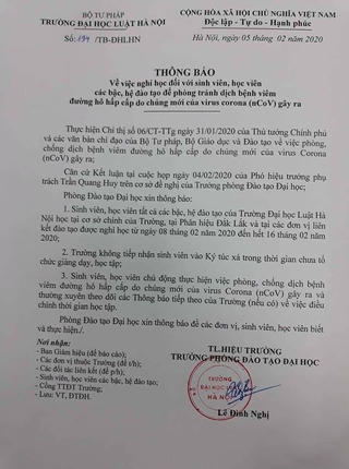 Phòng tránh Corona, Đại Học Luật Hà Nội cho học viên, sinh viên nghỉ đến 16/02.
