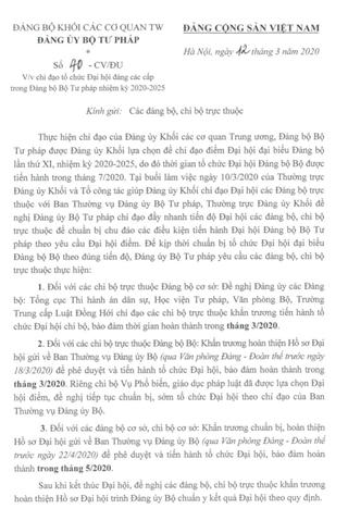 Đảm bảo đúng tiến độ tổ chức Đại hội Đảng các cấp thuộc Đảng bộ Bộ Tư pháp