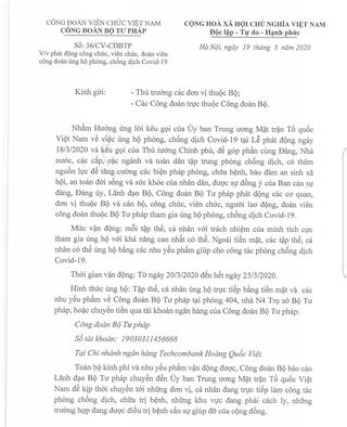 Công đoàn Bộ Tư pháp phát động ủng hộ phòng, chống dịch Covid-19