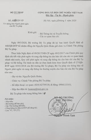 Ông Nguyễn Quốc Hoàn là người phát ngôn của Bộ Tư pháp
