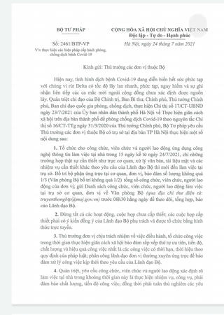 Bộ Tư pháp: Yêu cầu bảo đảm tiến độ, chất lượng công việc trong thời gian thực hiện giãn cách