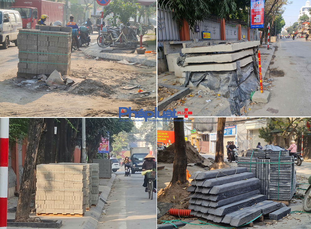 Vật liệu xây dựng tập kết chiếm phần lớn diện tích vỉa hè, thậm chí còn tập kết tràn lan xuống lòng đường tại những khúc cua, gây nguy hiểm cho người tham gia giao thông.
